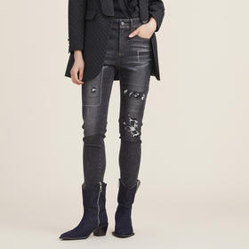 谜底紧身小脚牛仔裤女2022秋新款黑色中腰修身铅笔裤223MK1007