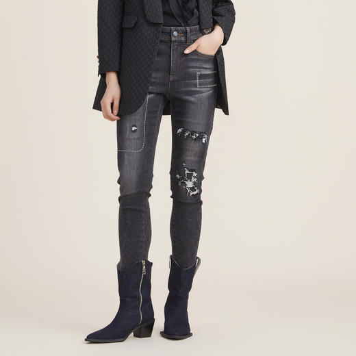 谜底紧身小脚牛仔裤女2022秋新款黑色中腰修身铅笔裤223MK1007 商品图0