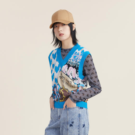 谜底2022秋新款学院风V领爱心提花无袖针织马甲背心女223MZ1343 商品图1