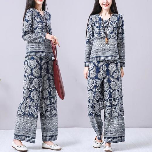 民族风棉麻套装女2022春季新款大码复古文艺印花显瘦两件套女装潮HY-套装 商品图1