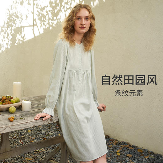 HSIA遐 睡裙女秋季新款套头条纹宽松泡泡蝙蝠长袖中长裙纯棉睡衣 商品图1