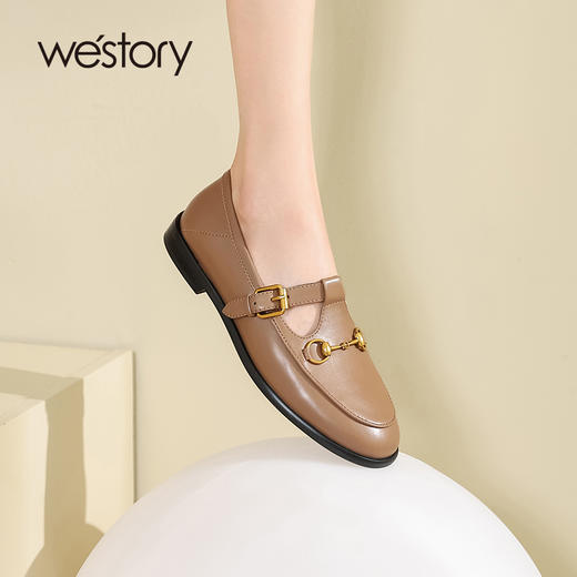 westory百搭通勤真皮圆头复古平底玛丽珍小皮鞋女22年新款72541 商品图0