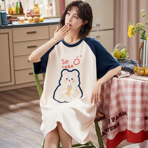 【买一送一，甜美卡通少女睡衣】冰丝睡裙女夏季女士宽松短袖睡衣学生家居服 商品图7