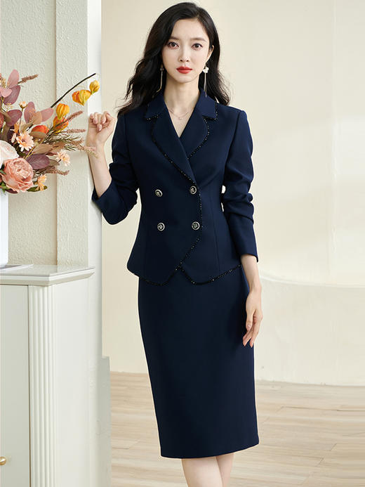 气质通勤套裙 藏蓝色稳重又显白 精致镶边 驾驭每一个高光时刻 春季新款优雅套装修身西装半身裙两件套2944 商品图1