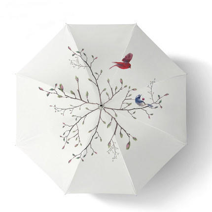 白色素画流行网红直杆雨伞晴雨两用防晒长柄花鸟男女向热卖礼品伞HT-0088B 商品图5