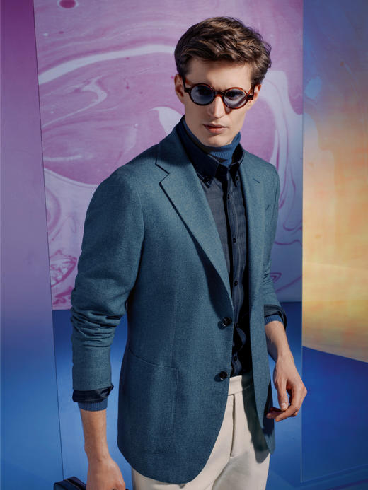 Stylbiella 毛棉丝混织蓝色人字纹全麻衬单西 商品图0