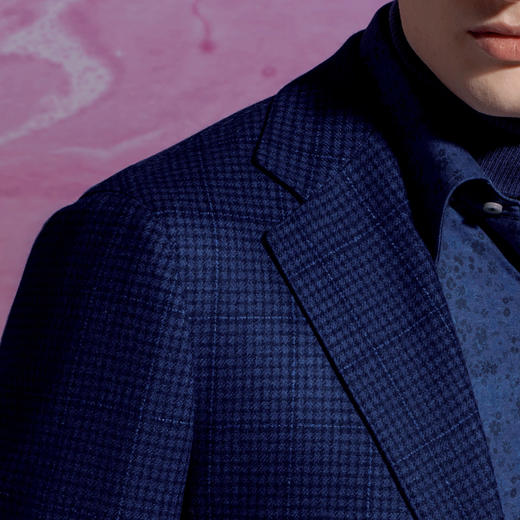 Stylbiella 羊毛羊绒混织蓝色格纹全麻衬单西 商品图1