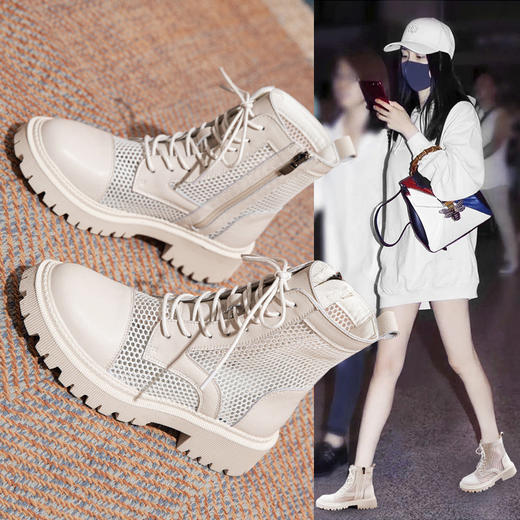 【服饰鞋包】白色网纱马丁靴夏季镂空短靴2022新款皮透气靴子英伦风厚底女靴 商品图3