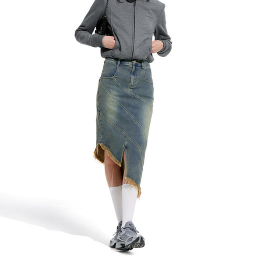   NUTH“画中少女”复古做旧牛仔裙不规则下摆半身裙 商品图0