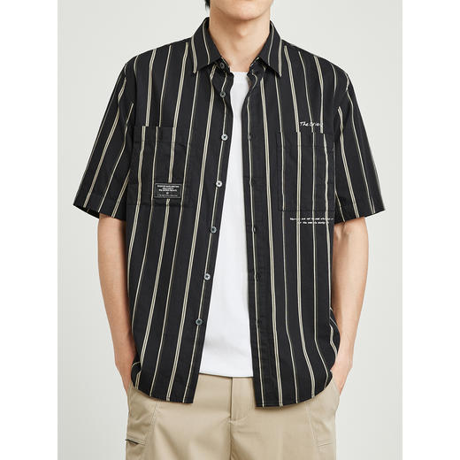 墨麦客2022夏季新款男装条纹字母印花立体贴袋短袖衬衫男50081 商品图0