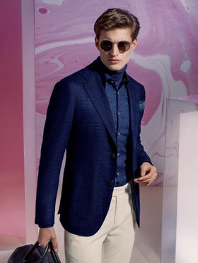 Stylbiella 羊毛羊绒混织蓝色格纹全麻衬单西