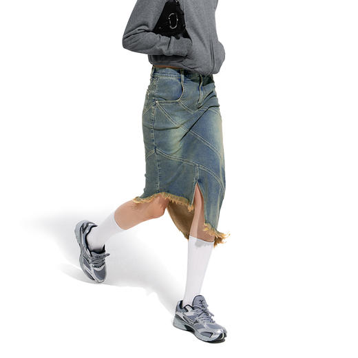   NUTH“画中少女”复古做旧牛仔裙不规则下摆半身裙 商品图1