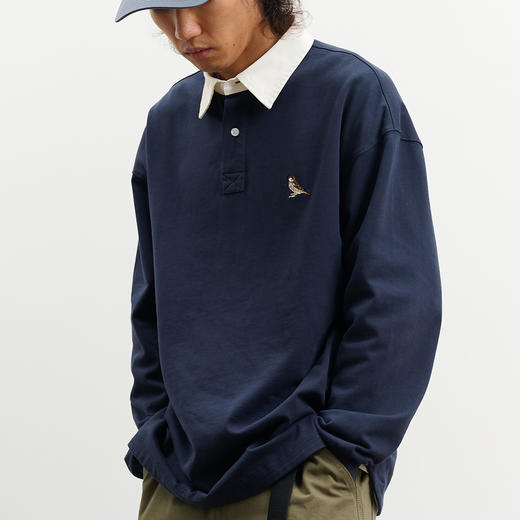 吃茶去chichaqu重磅宽松拼色刺绣麻雀长袖POLO衫 商品图0