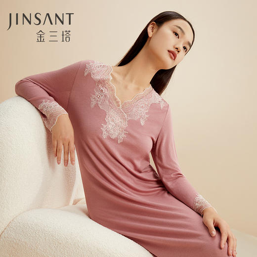 金三塔桑蚕丝&羊毛 温暖轻盈 舒适亲肤女士拼蕾丝优雅睡裙家居服 YZFCD301 商品图0