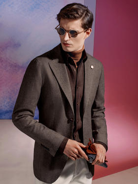 Stylbiella 毛棉丝混织棕色人字纹全麻衬单西