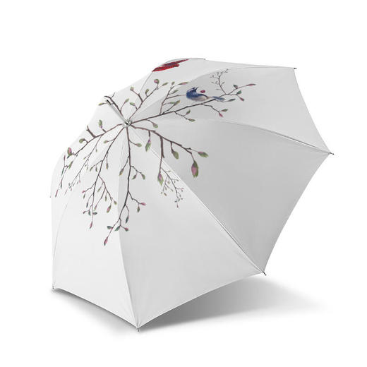 白色素画流行网红直杆雨伞晴雨两用防晒长柄花鸟男女向热卖礼品伞HT-0088B 商品图0