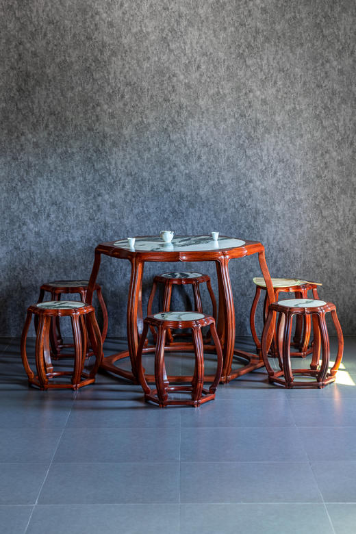 红桥红  家具严选  缅甸花梨（大果紫檀）【石面 海棠桌 七件套】 商品图0