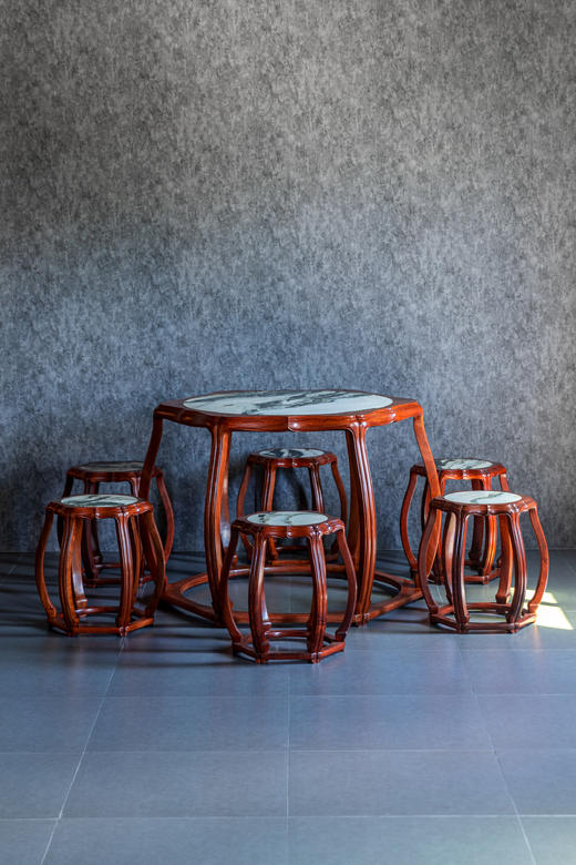 红桥红  家具严选  缅甸花梨（大果紫檀）【石面 海棠桌 七件套】 商品图1