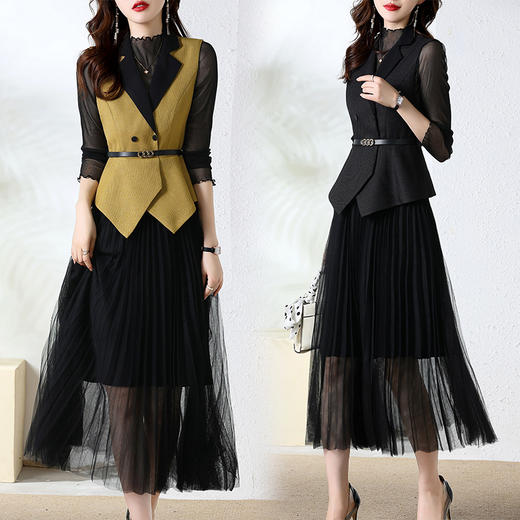 2022年秋装新款小香风气质收腰纱裙压绉打底衫+马甲裙子假两件（送腰带）两件套HR-CPYY22026 商品图6