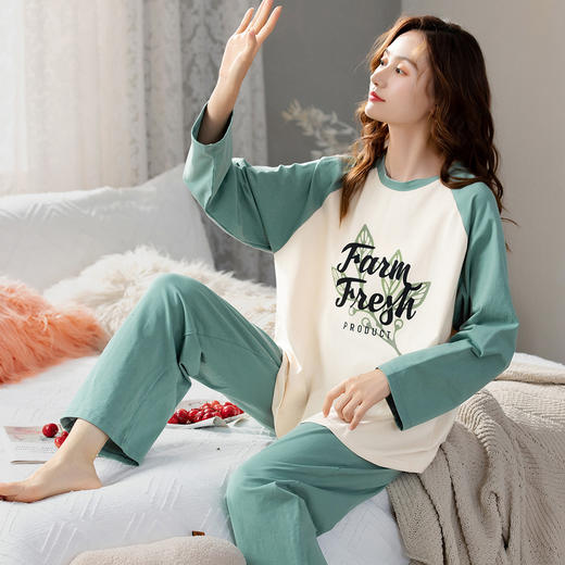 洁丽雅内衣全棉字母圆领长袖长裤睡衣女士家居服套装 商品图3