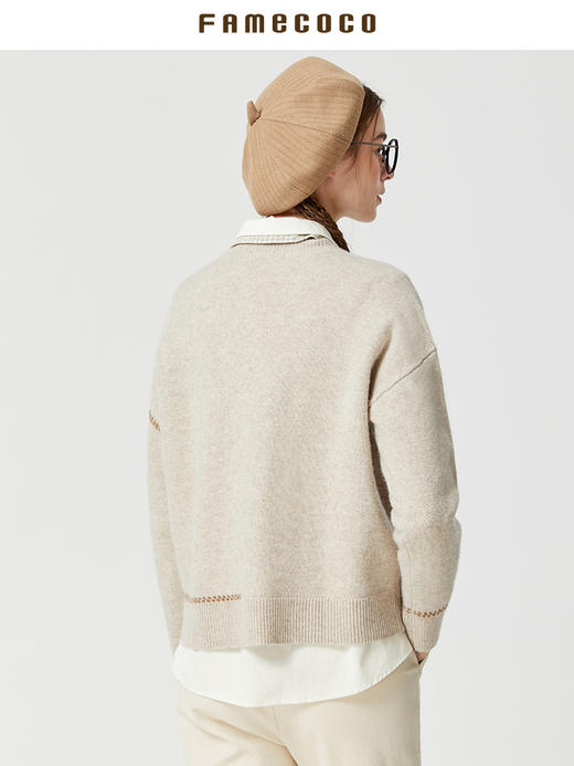 famecoco范可儿V领宽松落肩毛衣长袖保暖秋冬撞色纯羊毛针织衫女F225DD003 商品图2