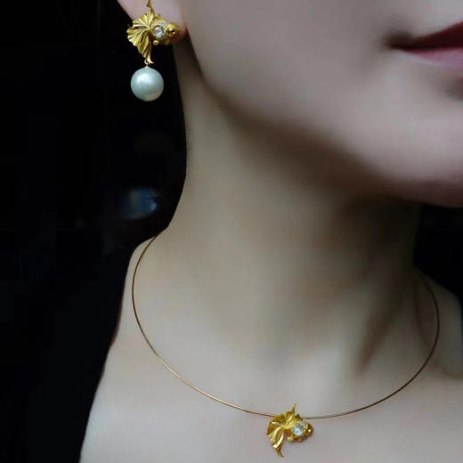 龢盒原创 18k金镶白冰翡翠珍珠金鱼二用耳坠耳环/吊坠项链 商品图5