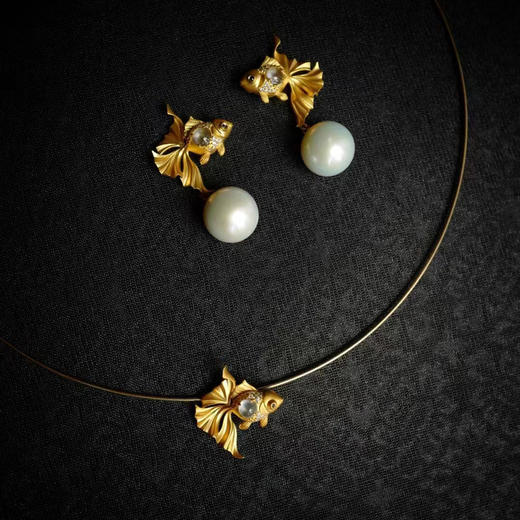 龢盒原创 18k金镶白冰翡翠珍珠金鱼二用耳坠耳环/吊坠项链 商品图6