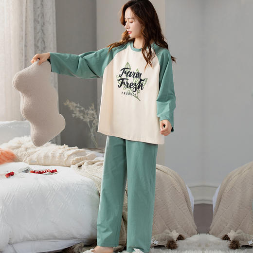 洁丽雅内衣全棉字母圆领长袖长裤睡衣女士家居服套装 商品图1