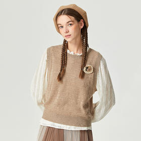 Famecoco范可儿叠穿秋冬毛衣羊毛马甲背心女针织镂空圆领无袖坎肩F225CA020