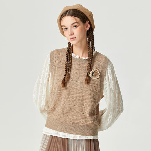 Famecoco范可儿叠穿秋冬毛衣羊毛马甲背心女针织镂空圆领无袖坎肩F225CA020 商品图0