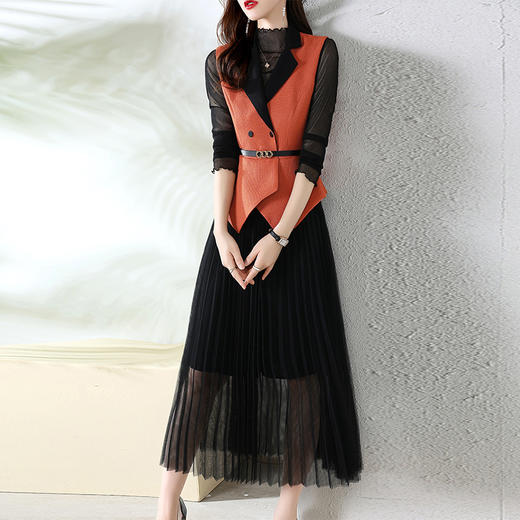 2022年秋装新款小香风气质收腰纱裙压绉打底衫+马甲裙子假两件（送腰带）两件套HR-CPYY22026 商品图0