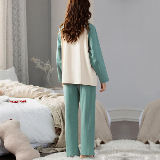 洁丽雅内衣全棉字母圆领长袖长裤睡衣女士家居服套装 商品图2