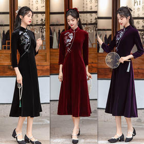丝绒长袖旗袍大摆裙2022秋冬新款时尚改良中老年女士绣花日常旗袍AQX 22