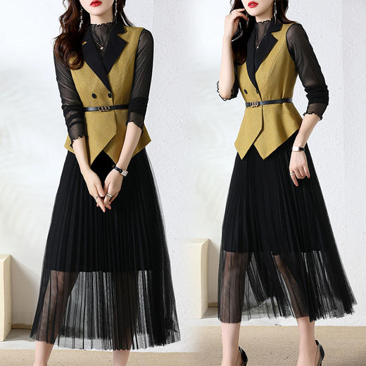 2022年秋装新款小香风气质收腰纱裙压绉打底衫+马甲裙子假两件（送腰带）两件套HR-CPYY22026 商品图4