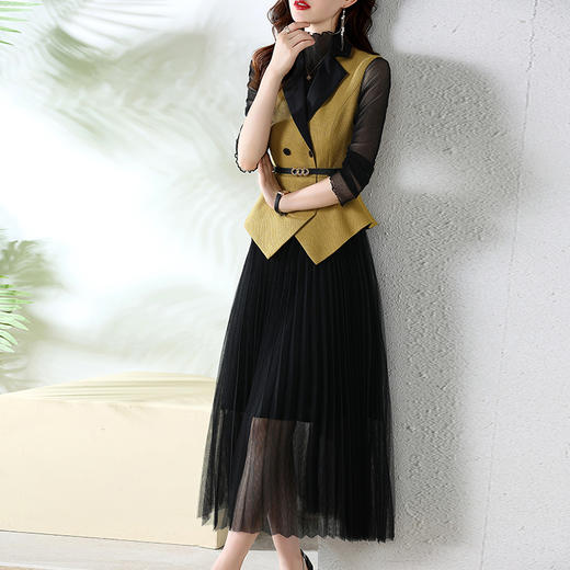 2022年秋装新款小香风气质收腰纱裙压绉打底衫+马甲裙子假两件（送腰带）两件套HR-CPYY22026 商品图1
