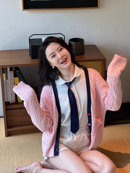 秋游系列玫瑰少女紫粉学院麻花毛衣开衫 商品图2