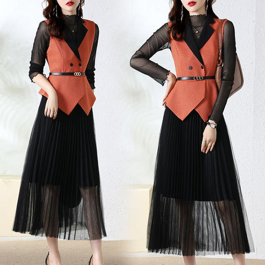 2022年秋装新款小香风气质收腰纱裙压绉打底衫+马甲裙子假两件（送腰带）两件套HR-CPYY22026 商品图3