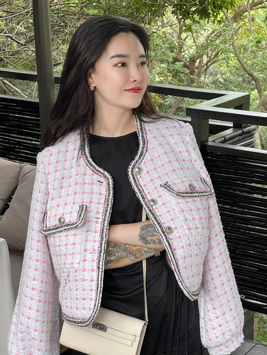 千金运动风粉色丝带格子小香风外套 商品图0