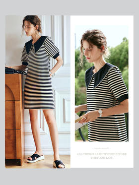 OLrain法式条纹短袖连衣裙女夏季2022新款气质显瘦减龄海军领裙子undefined