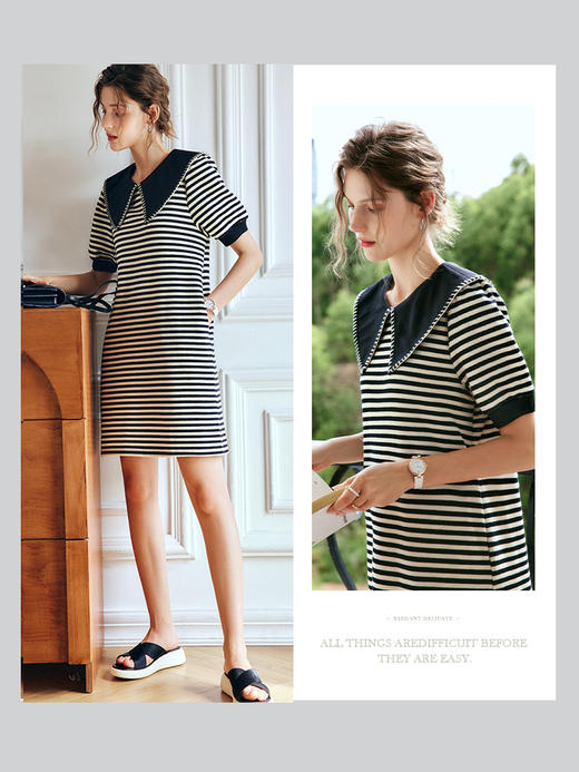 OLrain法式条纹短袖连衣裙女夏季2022新款气质显瘦减龄海军领裙子undefined 商品图0