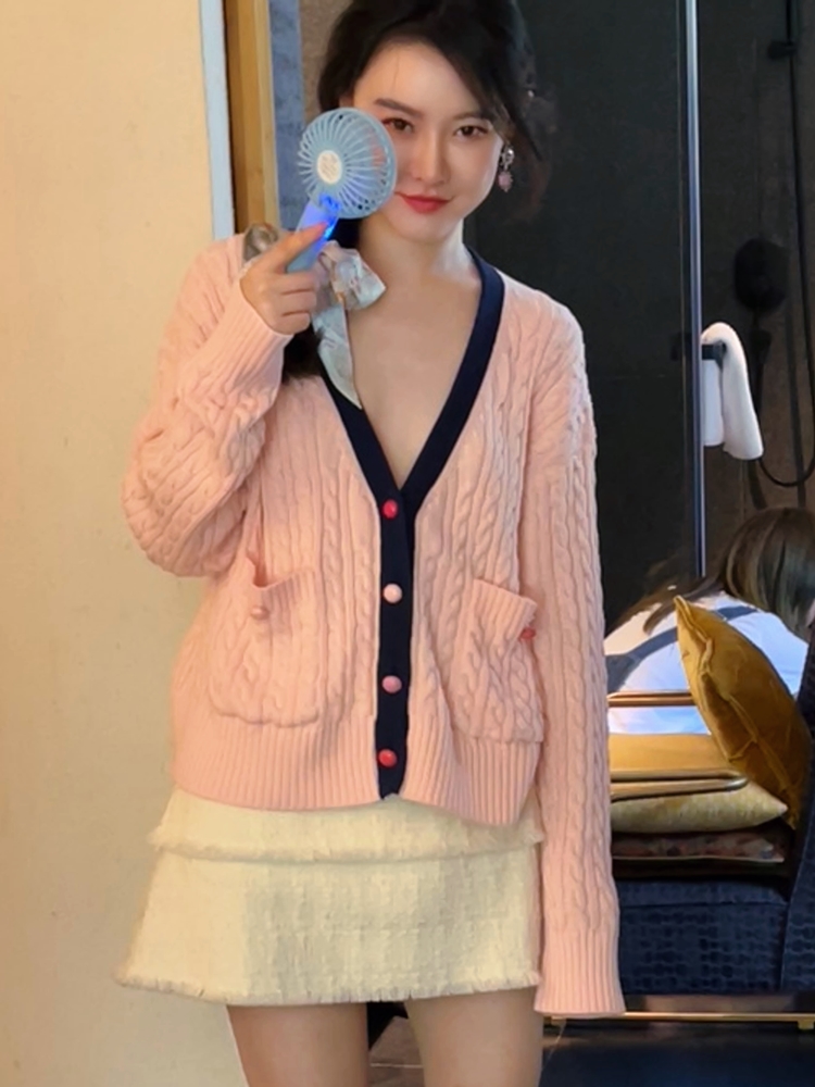 秋游系列玫瑰少女紫粉学院麻花毛衣开衫