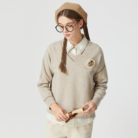 famecoco范可儿V领宽松落肩毛衣长袖保暖秋冬撞色纯羊毛针织衫女F225DD003