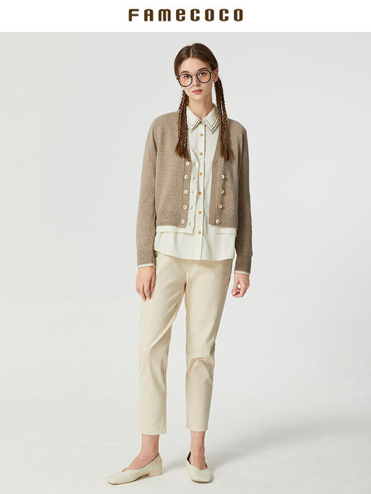 famecoco范可儿原创双层撞色短款针织开衫外套女秋V领长袖羊毛衫F225DE004 商品图3