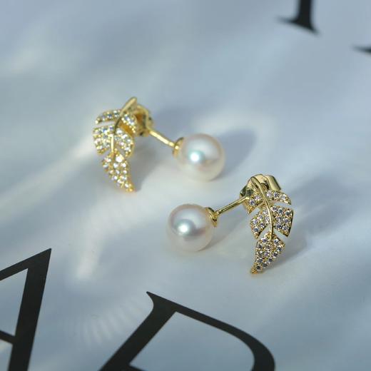 树叶 多用款耳钉 7-8mm淡水 正圆强光 925银镀金 商品图0