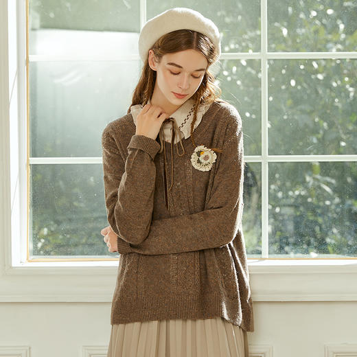 Famecoco范可儿V领针织衫女秋季长袖软糯打底套头毛衣F225DD001 商品图4