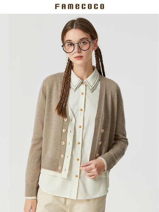 famecoco范可儿原创双层撞色短款针织开衫外套女秋V领长袖羊毛衫F225DE004 商品图1