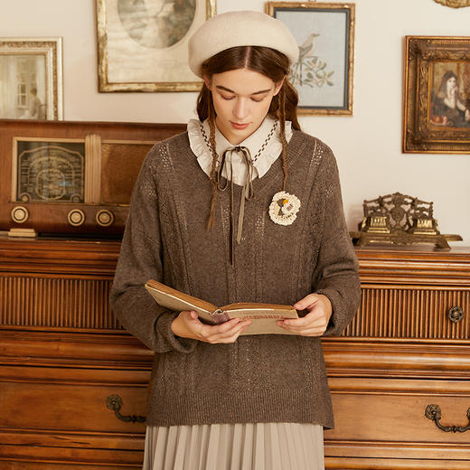 Famecoco范可儿V领针织衫女秋季长袖软糯打底套头毛衣F225DD001 商品图0