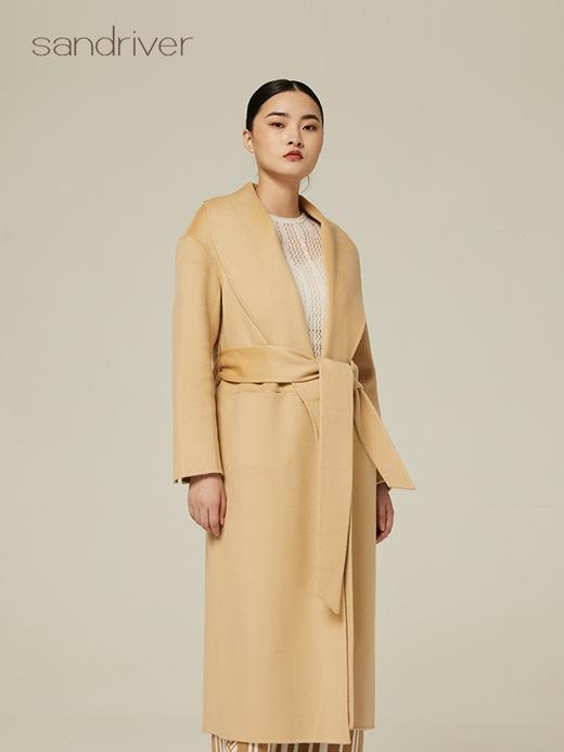 青果领水波纹羊绒呢女长大衣 SJF94W609N 商品图0
