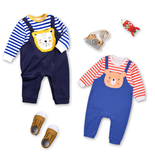 商场同款棉果果秋季新款男童条纹舒适纯棉童趣假两件连体衣M312720222540 商品图1