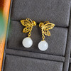 925银镀金蝴蝶镶嵌和田玉耳环古风8mm圆珠玉石耳坠  JX2571-2 商品缩略图3